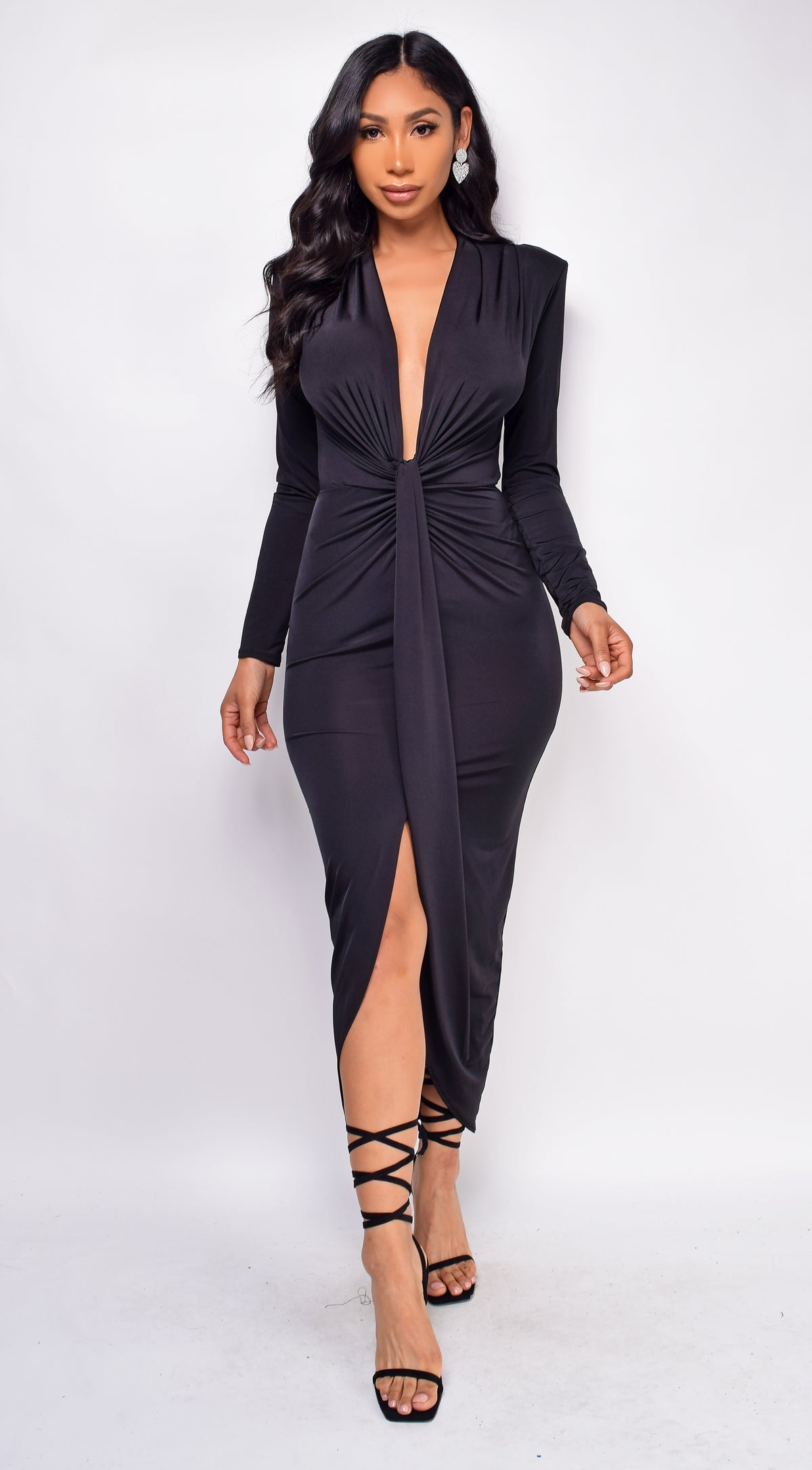 Brielle Black Deep Plunge Front Knot Dress