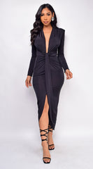 Brielle Black Deep Plunge Front Knot Dress