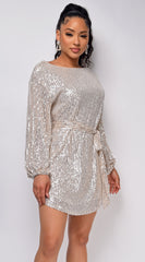Tara Champagne Silver Belted Sequin Dress