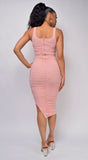Nezrin Pink Blush Square Neck Ruched Side Slit Midi Dress