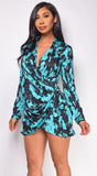 Gio Blue Black Abstract Print Wrap Satin Mini Dress