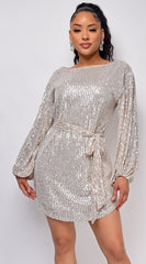 Tara Champagne Silver Belted Sequin Dress