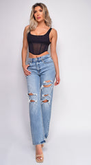 Suki Blue High Rise Straight Leg Ripped Jeans