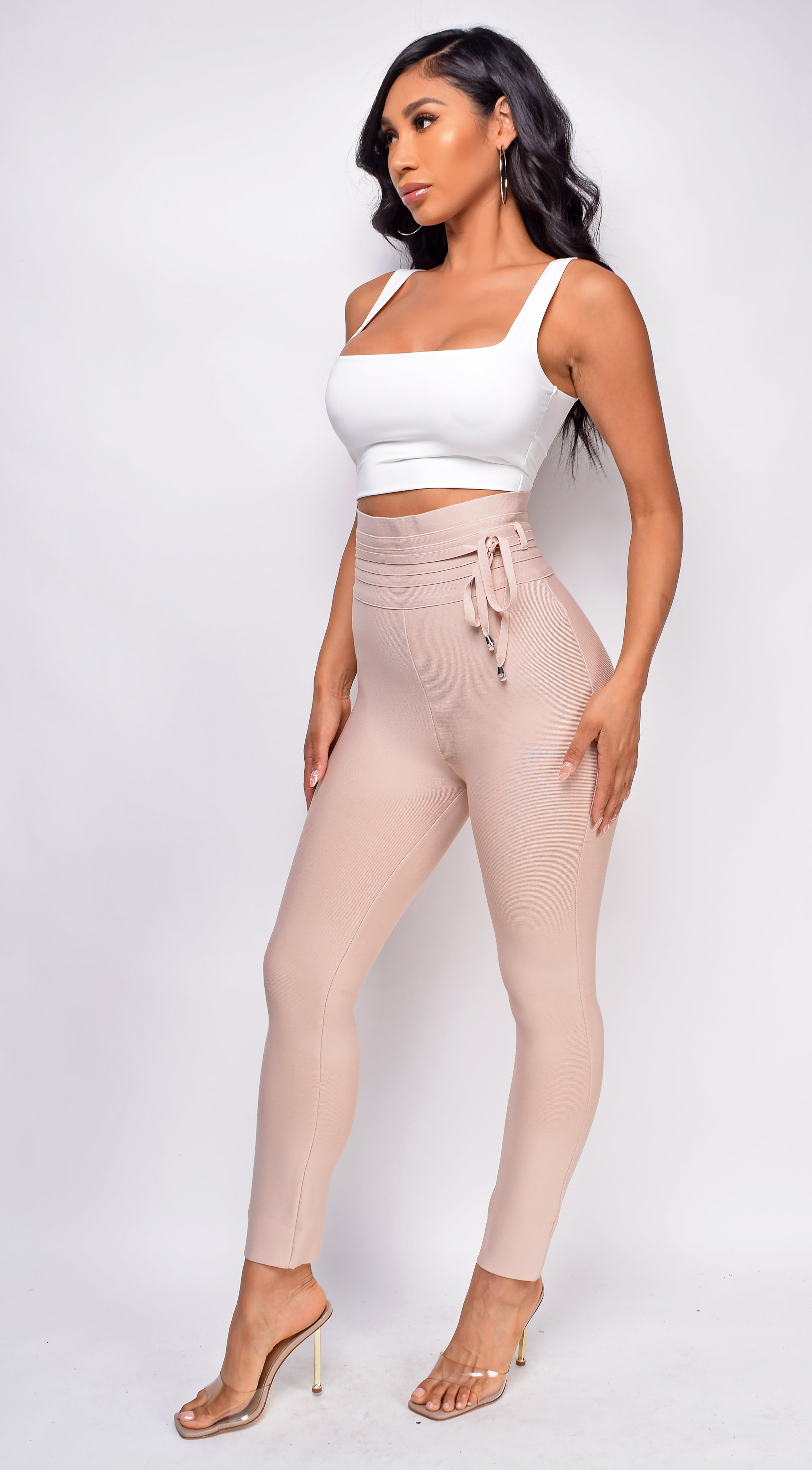 Hara Beige High Waist Belted Bandage Pants