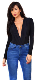 Black Deep V Neck Long Sleeve Bodysuit - Emprada