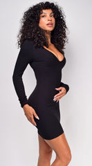 Jaylani Black Snatched V Neck Ribbed Basic Mini Dress