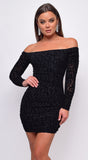 Allie Black Leopard Velvet Flock Off Shoulder Long Sleeve Dress