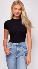 Avan Black Snatched Ribbed Round Neck Bodysuit