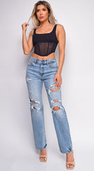 Suki Blue High Rise Straight Leg Ripped Jeans