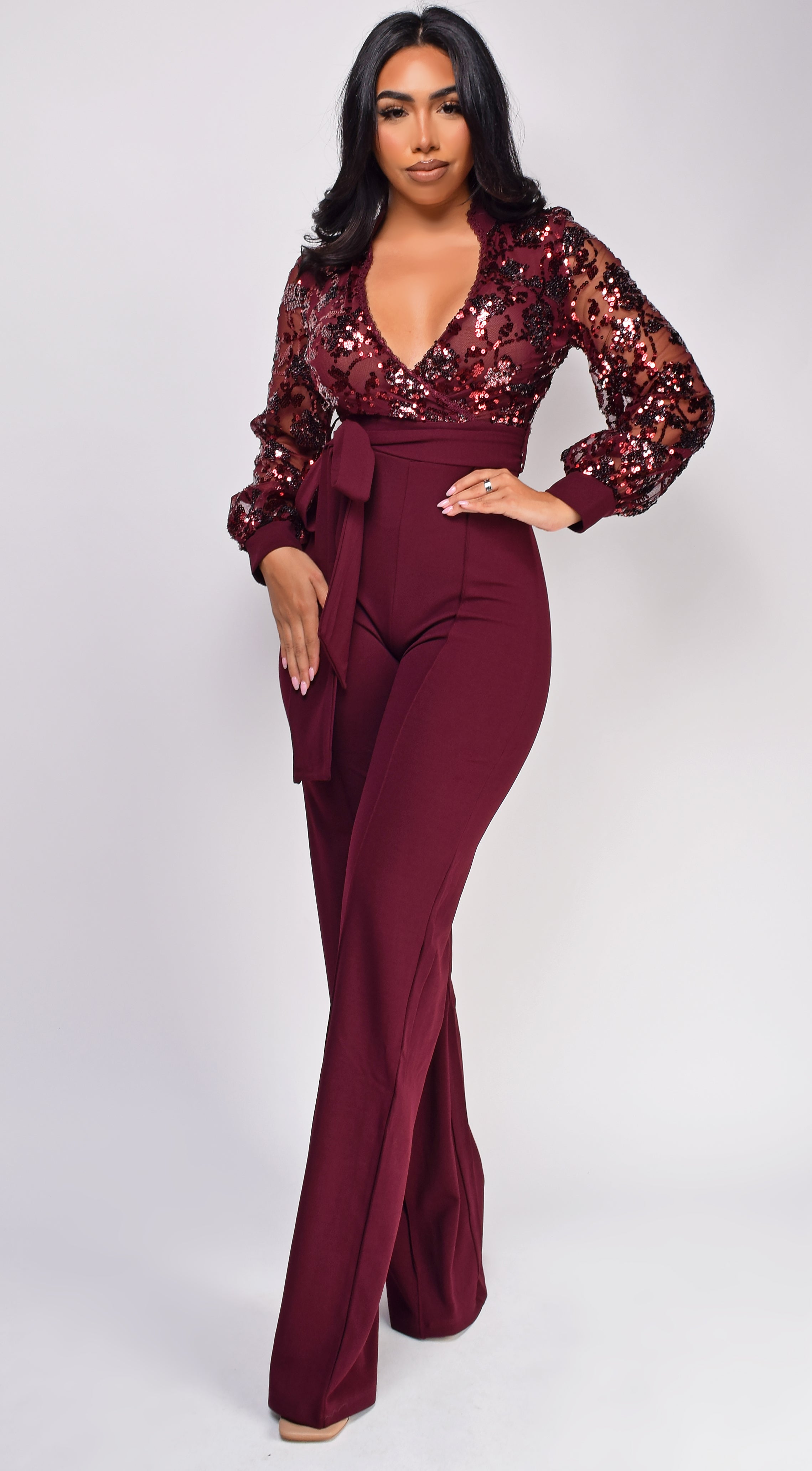 Eve Wine Red Sequin Jumpsuit