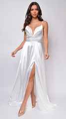 Brissa White Satin Side Slit Gown