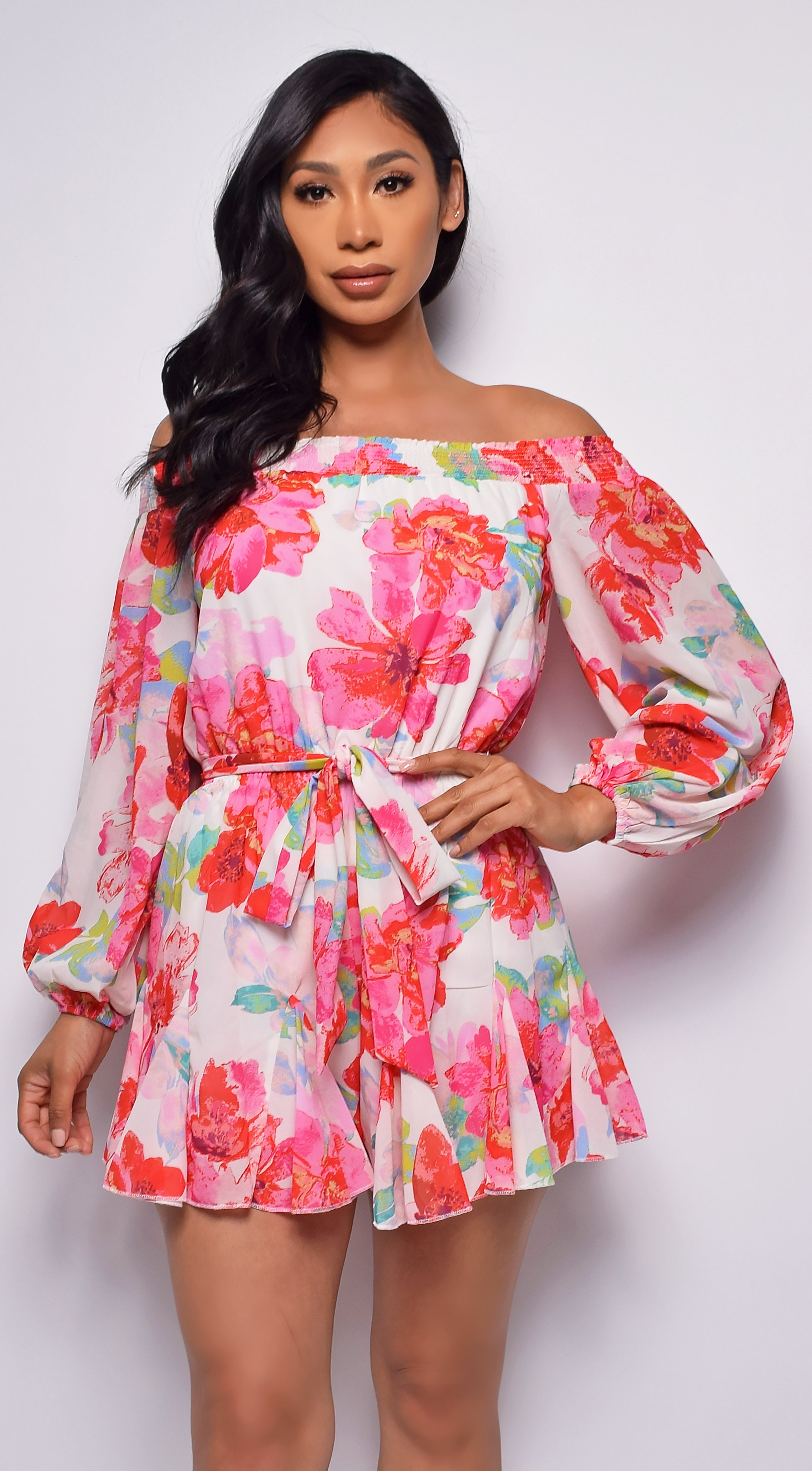 Acacia White Pink Floral Off Shoulder Romper