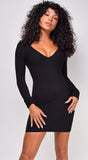 Jaylani Black Snatched V Neck Ribbed Basic Mini Dress