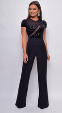 Jaqueta Black Sequin Mesh Short Sleeve Jumpsuit