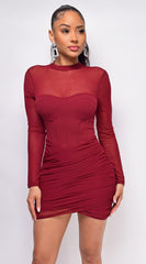 Alexane Burgundy Red Mesh Cross Over Ruched Dress