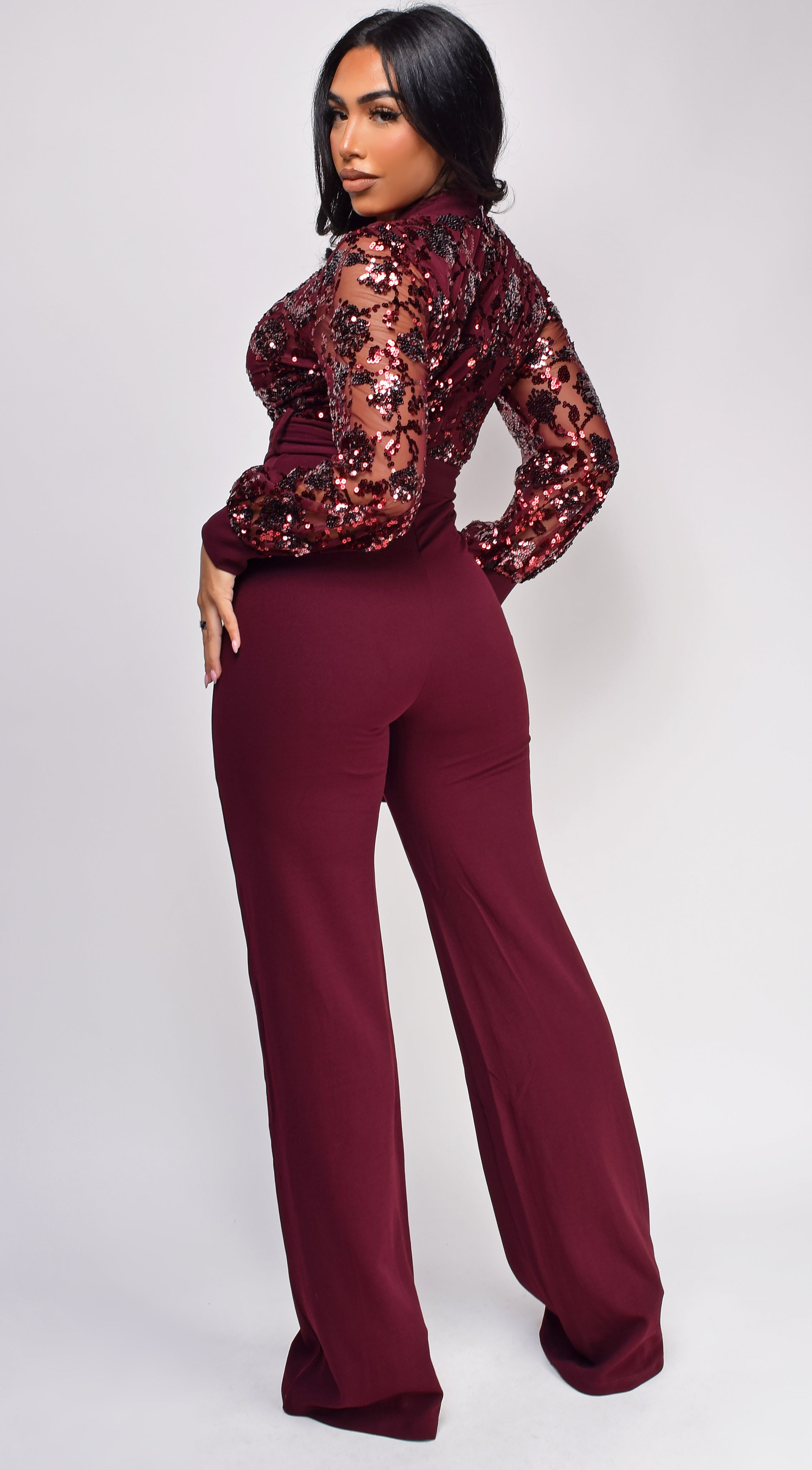 Eve Wine Red Sequin Jumpsuit