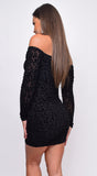 Allie Black Leopard Velvet Flock Off Shoulder Long Sleeve Dress