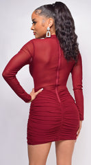 Alexane Burgundy Red Mesh Cross Over Ruched Dress