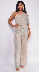 Rebecca Champagne Gold One Sleeve Sequin Jumpsuit