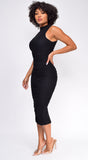Delina Black High Neck Ruched Midi Dress