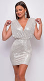 Stare Silver Nude Sequin V-Neck Shoulder Pad Mini Dress