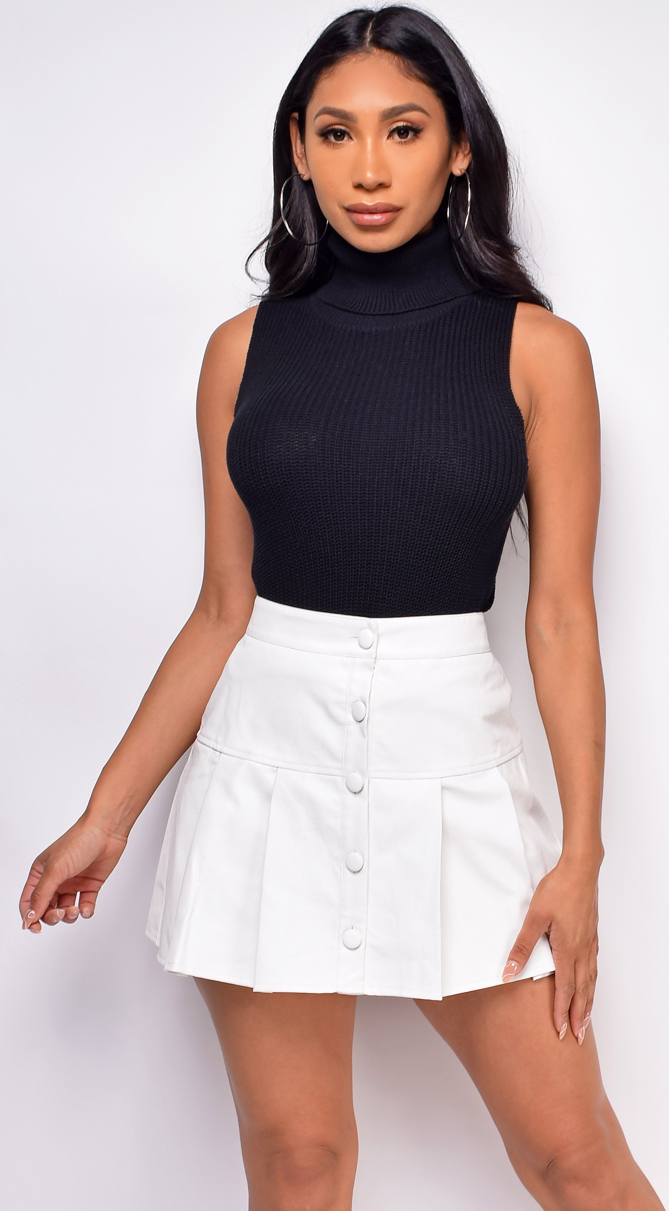 Dola White Pleated Faux Leather Skirt
