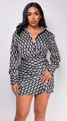 Trust Black White Geo Print Long Sleeve Satin Mini Dress