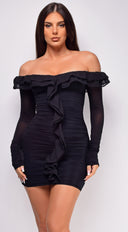 Rocco Black Off Shoulder Ruffle Detail Mini Dress back view on model