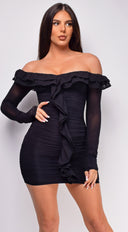 Rocco Black Off Shoulder Ruffle Detail Mini Dress full length front view on model