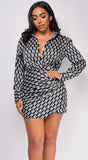 Trust Black White Geo Print Long Sleeve Satin Mini Dress