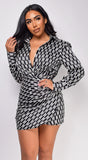Trust Black White Geo Print Long Sleeve Satin Mini Dress