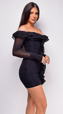 Rocco Black Off Shoulder Ruffle Detail Mini Dress side profile view on model