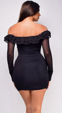 Rocco Black Off Shoulder Ruffle Detail Mini Dress close-up of off-shoulder neckline
