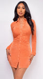 Zeina Orange Button Down Shirring Shirt Dress