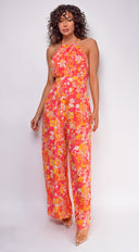 Jazz Orange Pink Multi Floral Print Jumpsuit full length front view on model