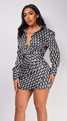 Trust Black White Geo Print Long Sleeve Satin Mini Dress