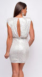 Stare Silver Nude Sequin V-Neck Shoulder Pad Mini Dress