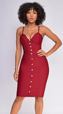 Nelinha Gold Button Bandage Dress in Wine full length front view on model