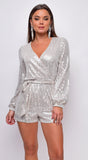 Tempo Silver Sequin Long Sleeve Belted Romper