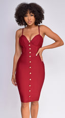 Nelinha Gold Button Bandage Dress in Wine back view on model