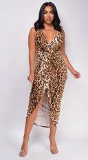 Lilith Brown Leopard Print Midi Dress