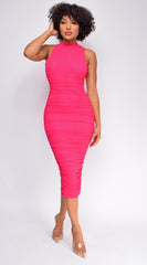 Delina Hot Pink High Neck Ruched Midi Dress