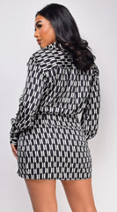 Trust Black White Geo Print Long Sleeve Satin Mini Dress