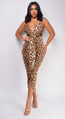 Lilith Brown Leopard Print Midi Dress