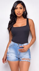 Juliana Black Square Neck Bodysuit full length front view on model