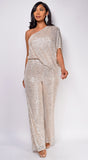 Rebecca Champagne Gold One Sleeve Sequin Jumpsuit