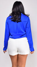 Braylee Satin Button Down Blouse Top - Blue
