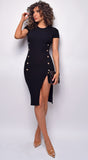 Keyara Black Button Detail Ribbed Slit Midi Dress