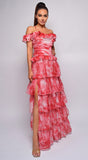 Lavera Red Tie Dye Ruffle Side Slit Maxi Dress