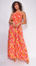 Jazz Orange Pink Multi Floral Print Jumpsuit back view on model